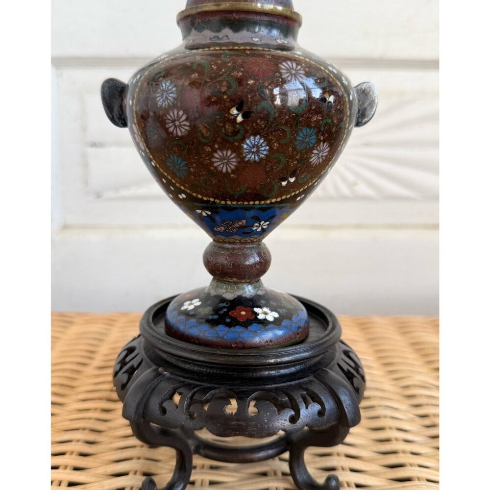 Antique Meiji 1910s Japanese Goldstone Cloisonne' Urn/ Stand Butterfly flower 7" - Picture 12 of 16